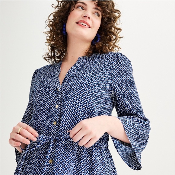 NWT Draper James Blue White Tiered Midi Dress Button Tie Waist Front Size Large - Picture 3 of 11